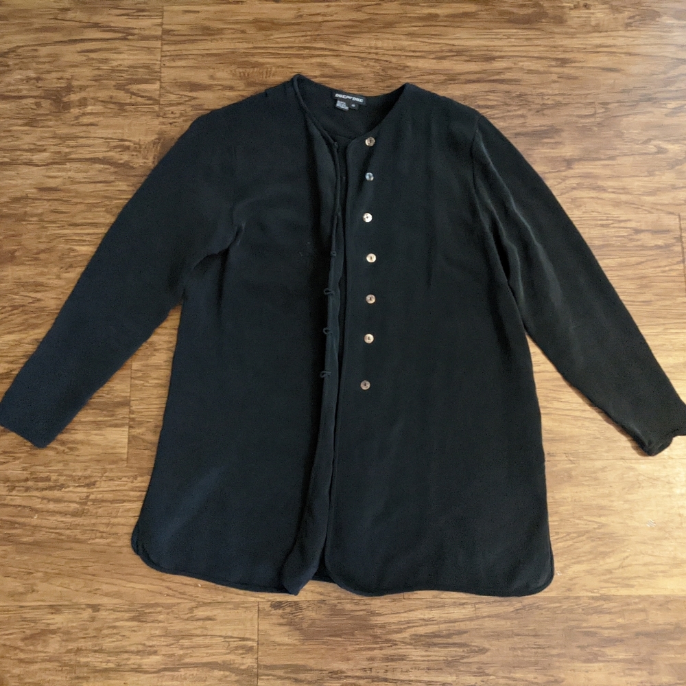 Due per Due Black 100% Silk Button up Long Sleeve Tunic Top Women's Size 10